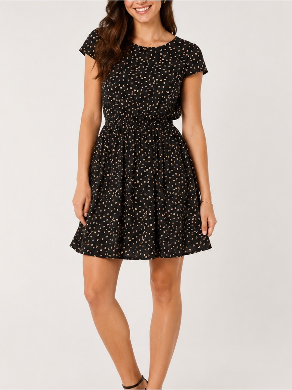 Ya Los Angeles Black Tan Polka Dot Fit & Flare Dress Size M